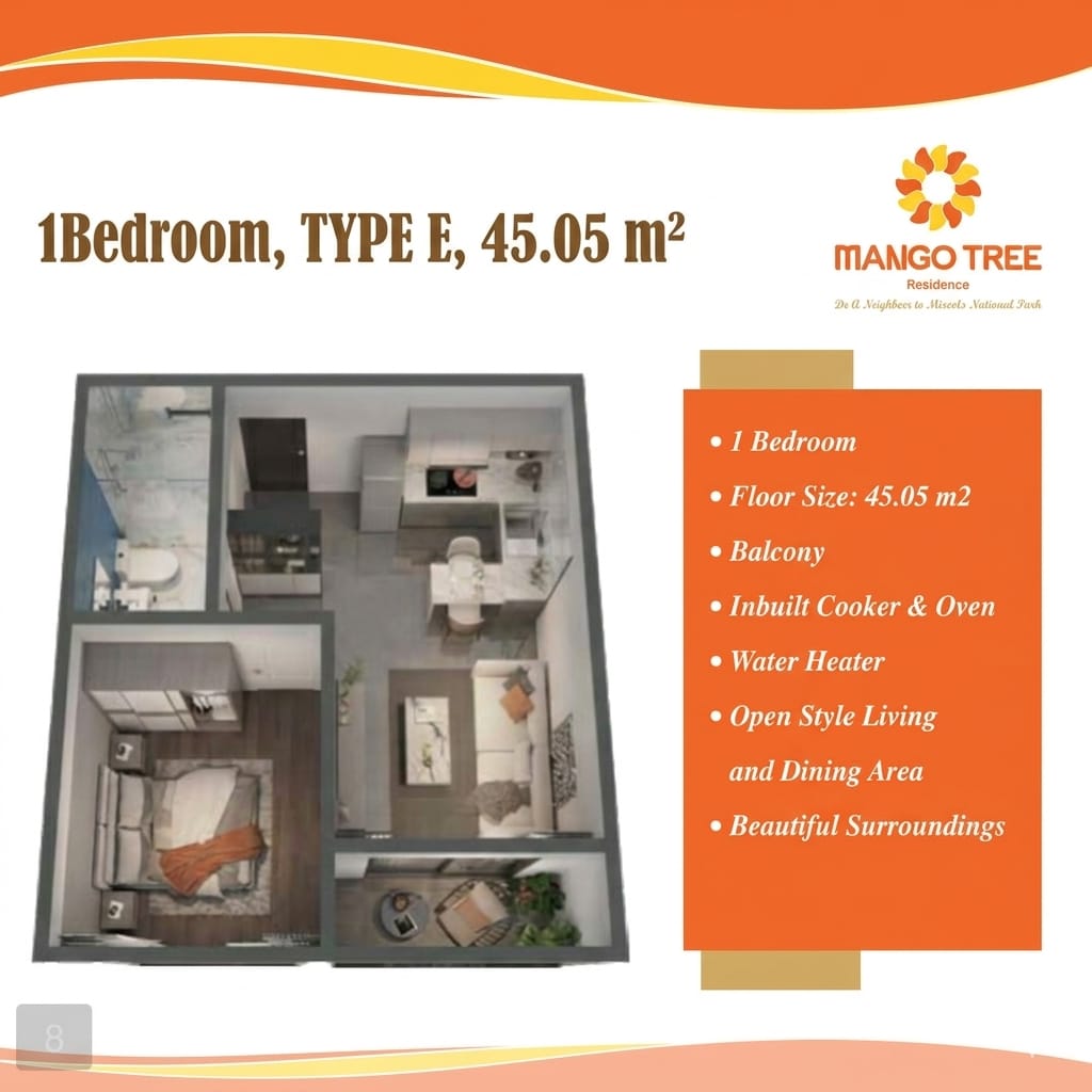 Type E one-bedroom apartment floor plan at Mango Tree Residence, Syokimau